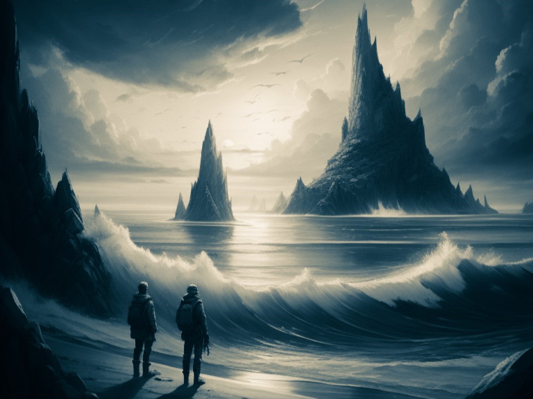 Deux personnes sur une plage regardent l'horizon avec des vagues déferlantes. Au loin, deux îles escarpées sous un ciel nuageux avec des oiseaux en vol.