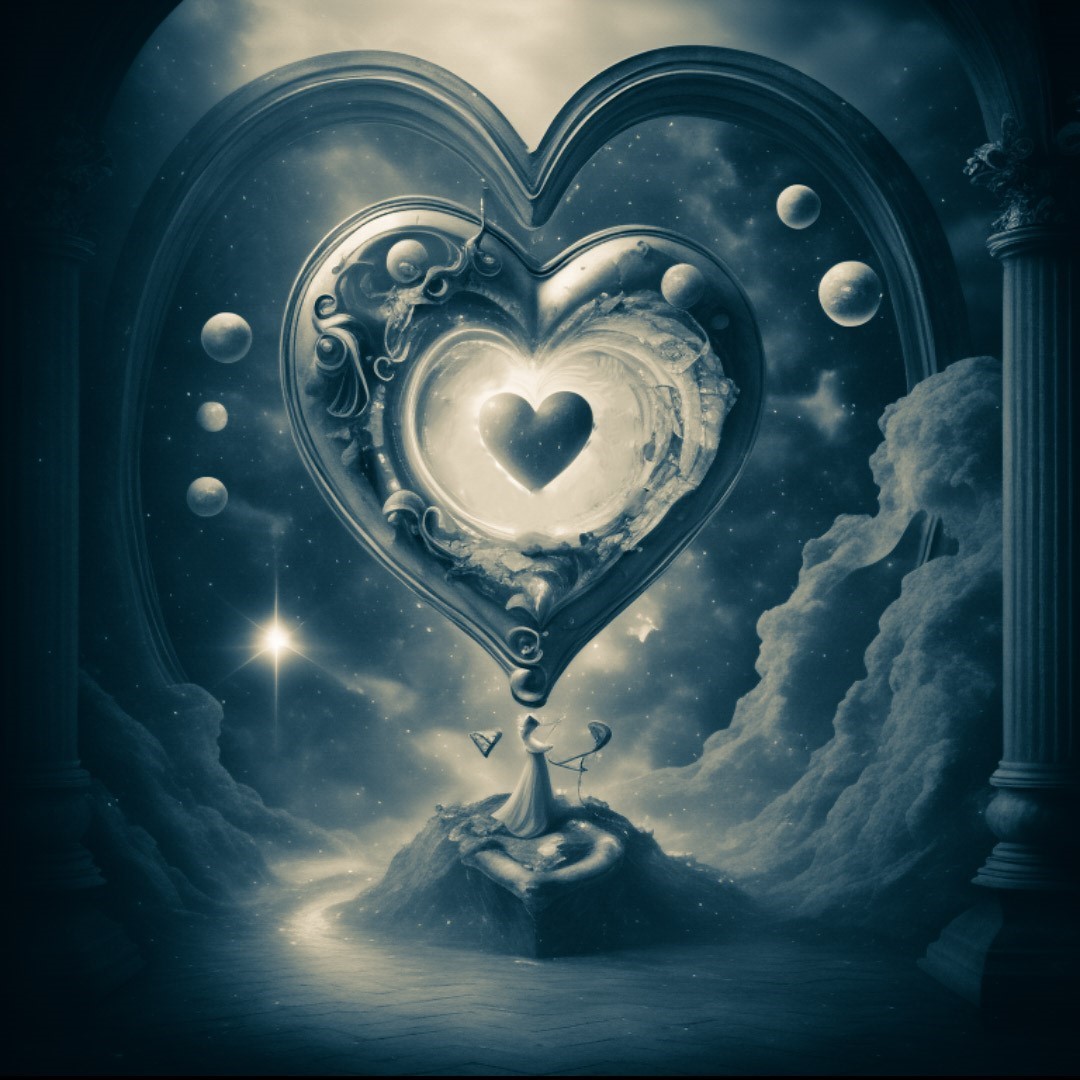 Dessin style manga d'une châsse en forme de cœur cosmique avec un cœur à l'intérieur, symbolisant la cohérence cardiaque, clé de l'intelligence émotionnelle.