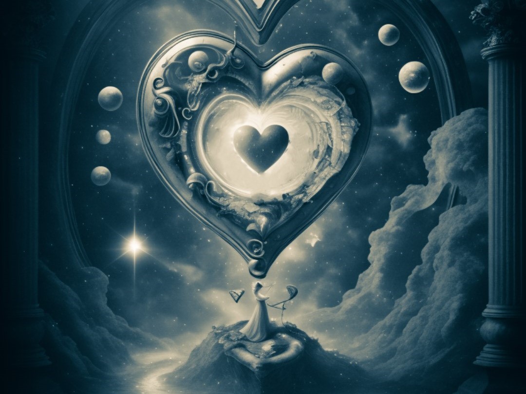 Dessin style manga d'une châsse en forme de cœur dans un décor cosmique avec un cœur à l'intérieur, symbolisant la cohérence cardiaque.