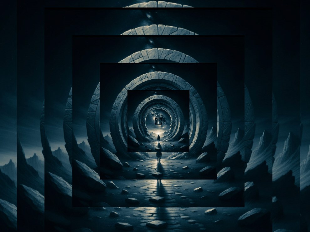 Une fractale hypnotique représentant une porte des étoiles avec des motifs complexes en spirale, symbolisant le voyage profond dans l'univers de votre intelligence émotionnelle grâce à la Dream Machine.