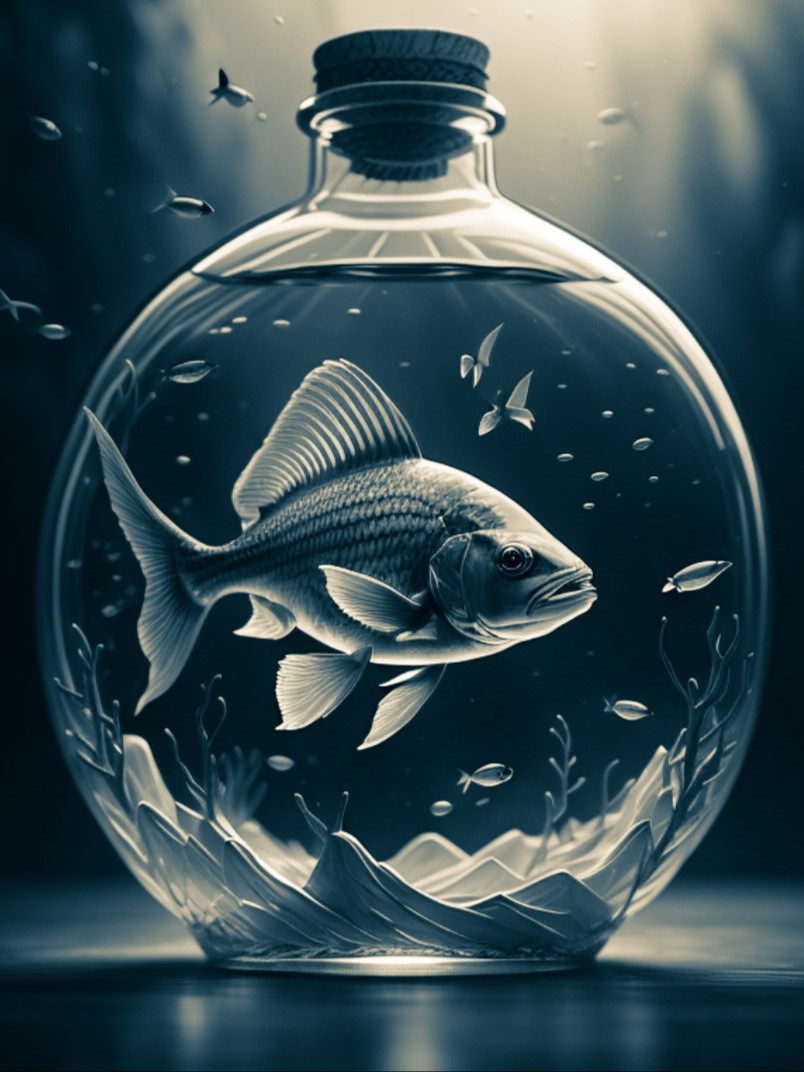 Un poisson dans une bouteille au fond de l'océan, entouré de poissons libres, symbolise l'emprisonnement émotionnel.