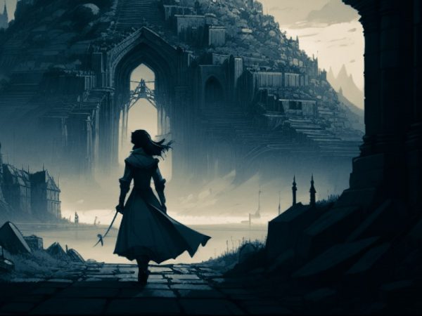 "Un personnage audacieux observe le cosmos dans un paysage lunaire fantastique en camaïeu de bleu."