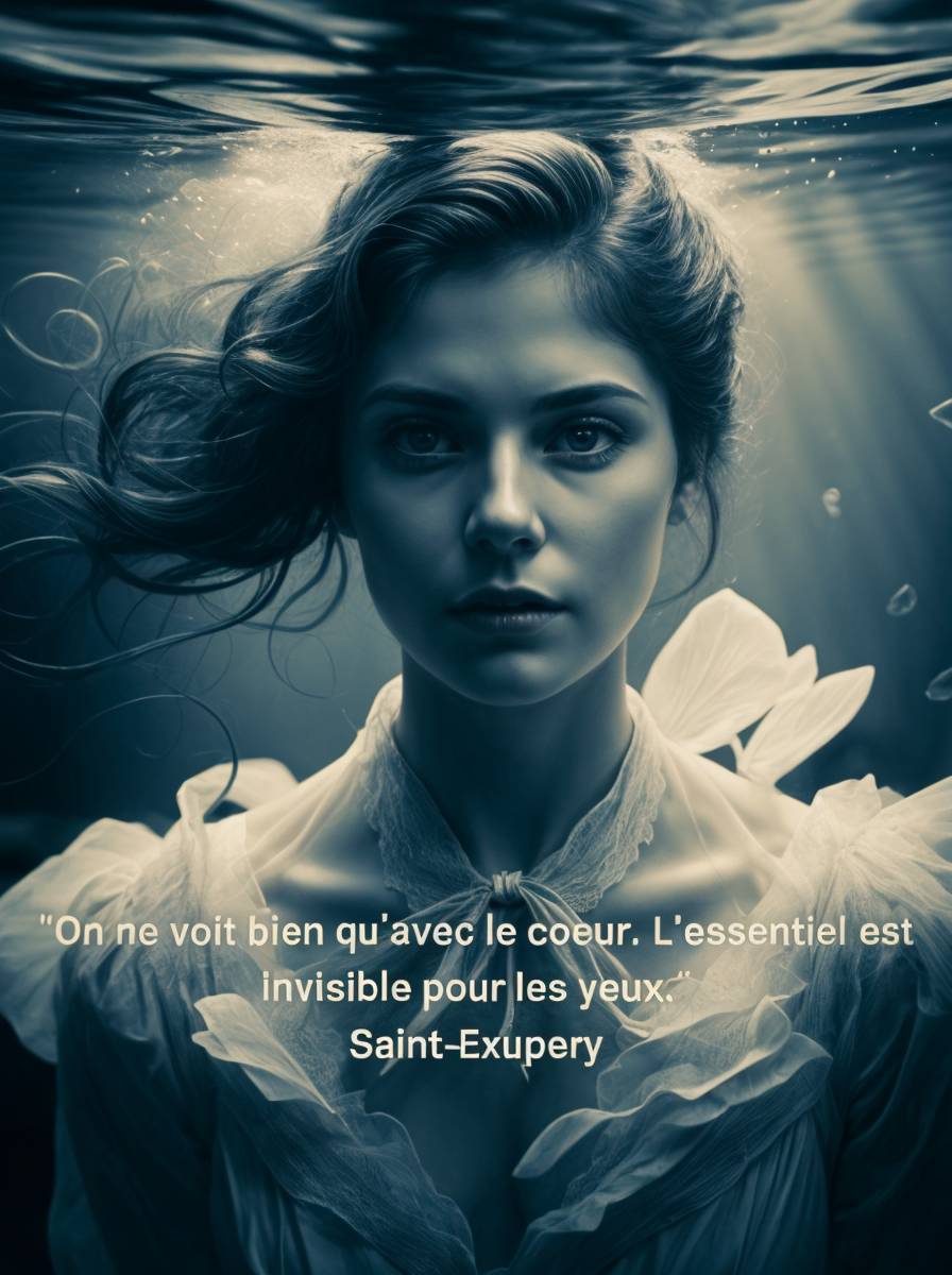 Miss O regarde sous la surface de l'eau, l'inscription "on ne voit bien qu'avec le cœur' souligne l'importance de l'intelligence du cœur.